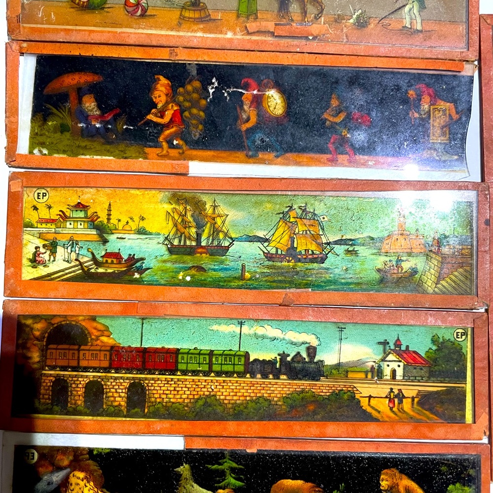 Magic Lantern glass painted slides lot of 6. Some damage as seen in pictures.